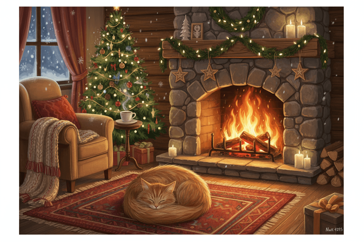 벽난로의 불이 활활 타오르고 벽난로 옆에서 고양이가 잠들어 있는 아늑한 실내 풍경, 은은한 크리스마스 장식이 어우러진 따뜻한 겨울 일러스트.