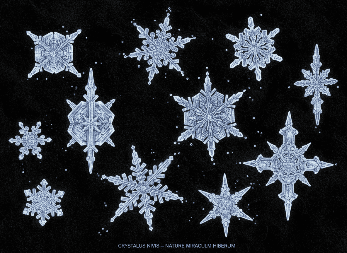 어두운 벨벳 배경에 섬세하고 독특한 모양의 눈송이가 떨어지는 매크로 디테일, 과학 일러스트레이션으로 표현된 겨울의 아름다움.