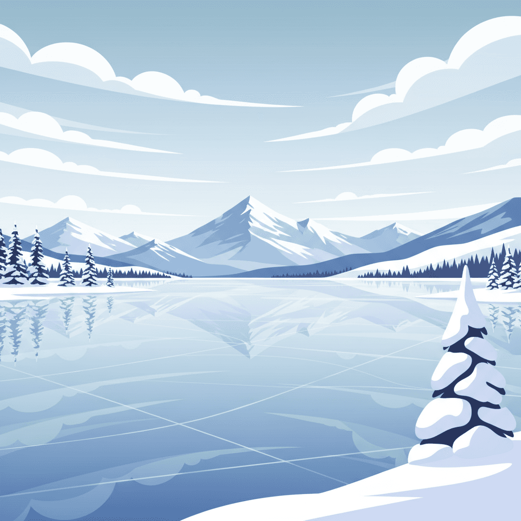 얼어붙은 호수와 산이 있는 고요한 겨울 풍경의 모던 일러스트.