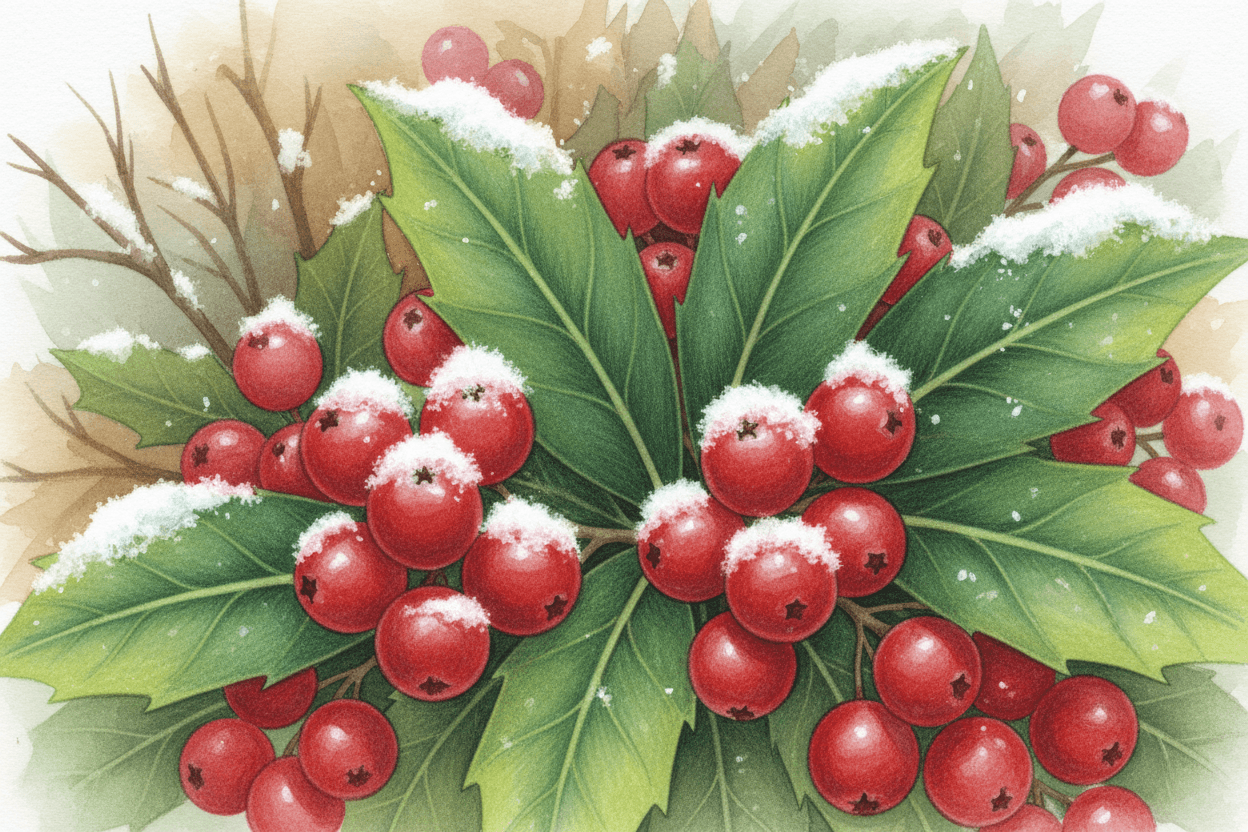 신선한 눈이 살짝 덮인 생생한 빨간 겨울 열매와 푸른 잎사귀 클로즈업 일러스트, 부드러운 배경.