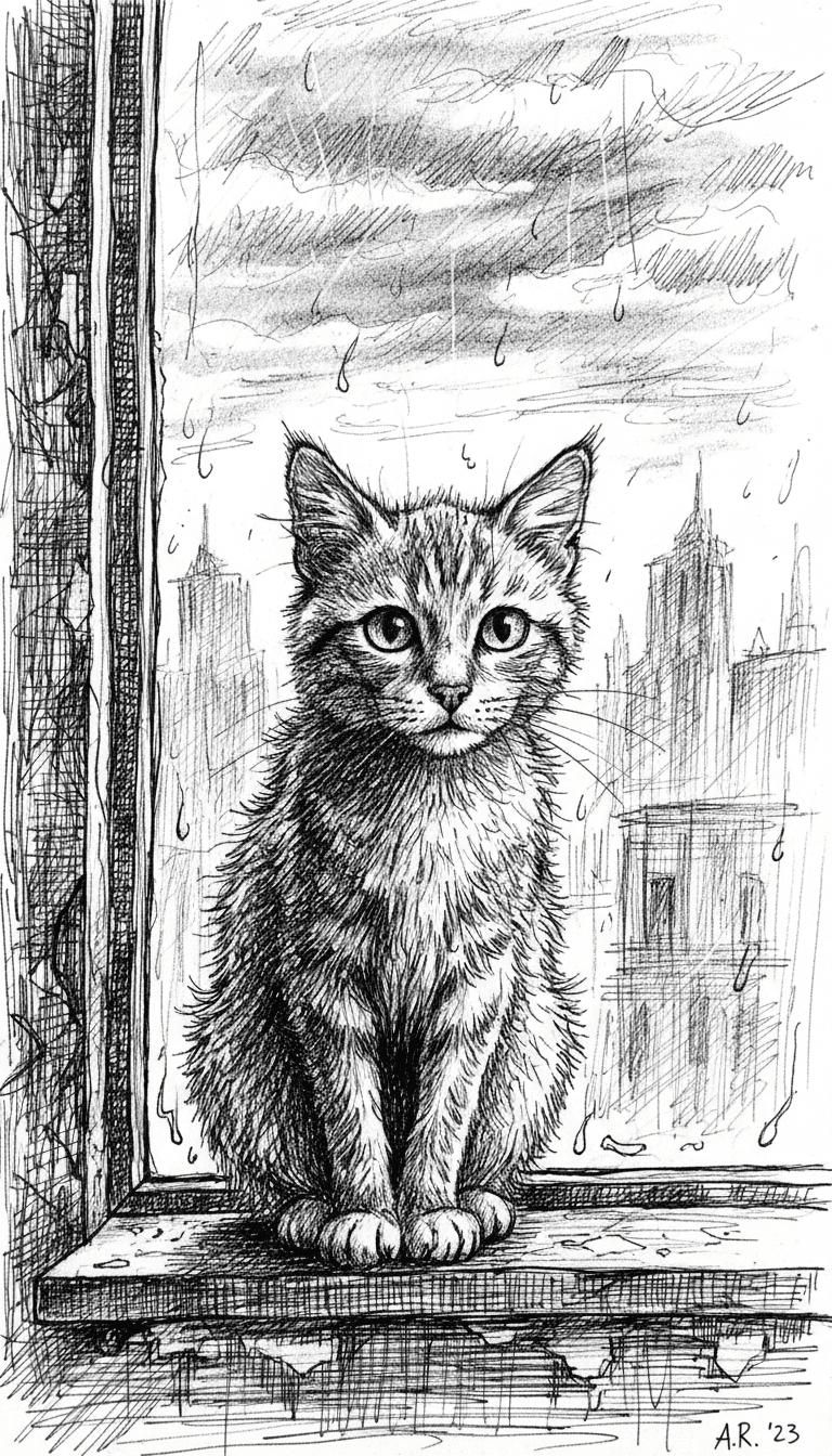 창밖을 아련하게 바라보는 꾀죄죄한 길고양이의 사실적인 펜과 잉크 스케치 일러스트.
