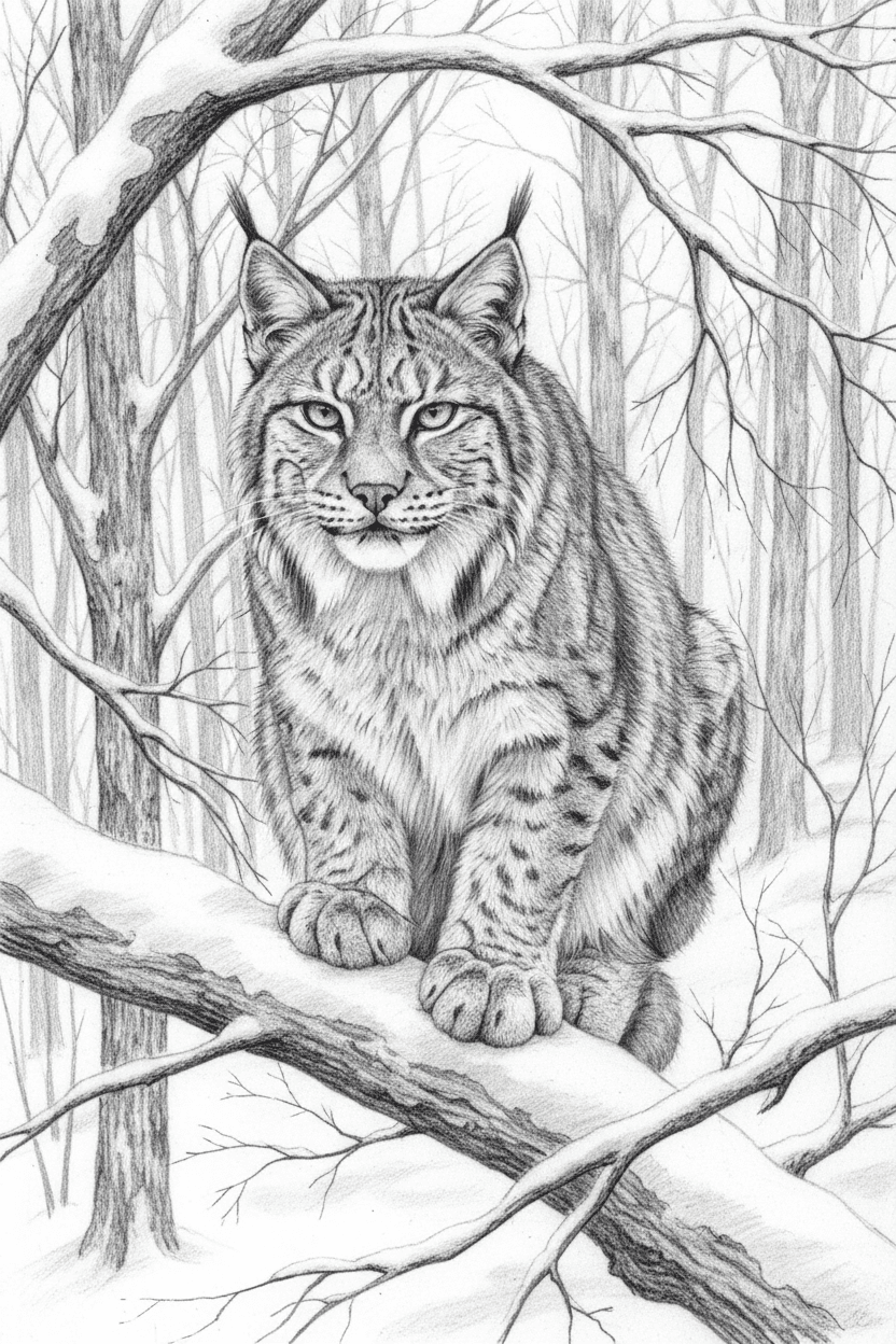 눈 덮인 숲에서 관찰하는 웅장한 야생 고양이의 섬세한 연필 스케치 일러스트.
