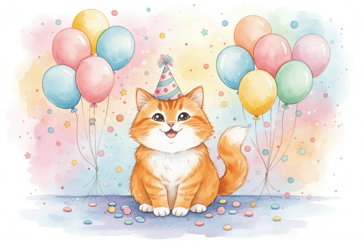 작은 파티 모자를 쓰고 풍선과 색종이 조각에 둘러싸인 고양이의 축제 수채화 일러스트.