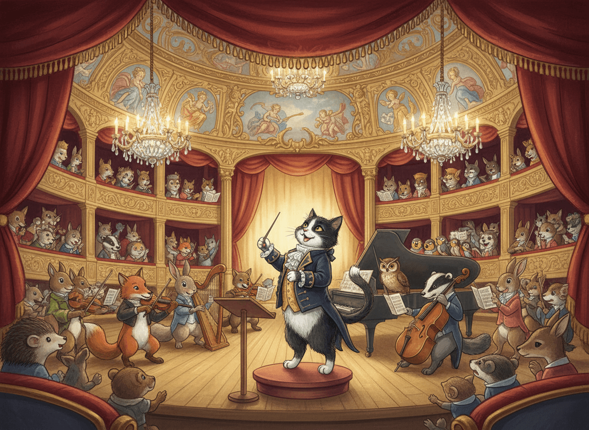 작은 지휘봉으로 숲속 동물 오케스트라를 지휘하는 카리스마 있는 턱시도 고양이 일러스트.