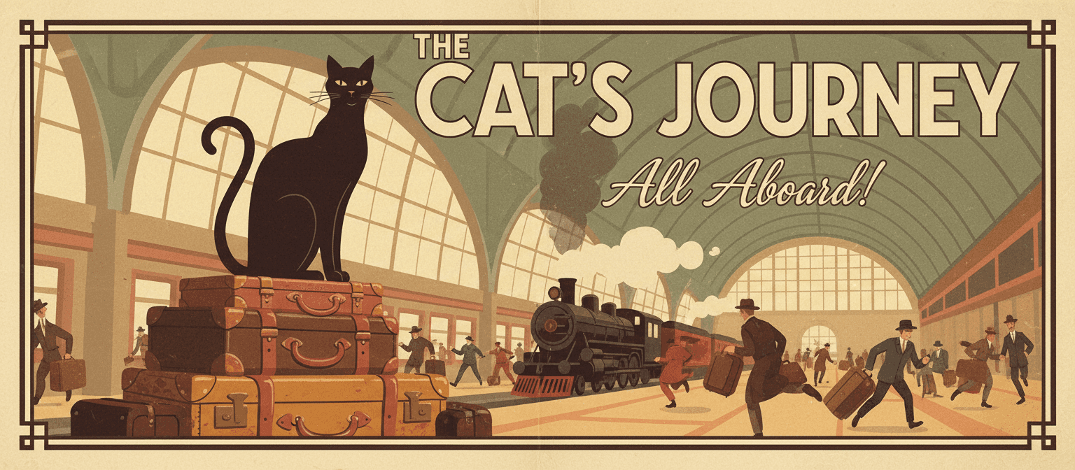기차역 짐 가방 위에 앉아 있는 매끈한 검은 고양이 실루엣의 빈티지 여행 포스터 스타일 일러스트.