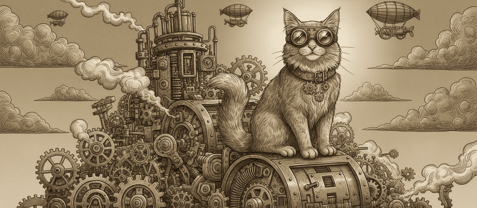 고글과 기어 장식 칼라를 착용한 스팀펑크 고양이가 태엽 장치 위에 앉아 있는 일러스트.