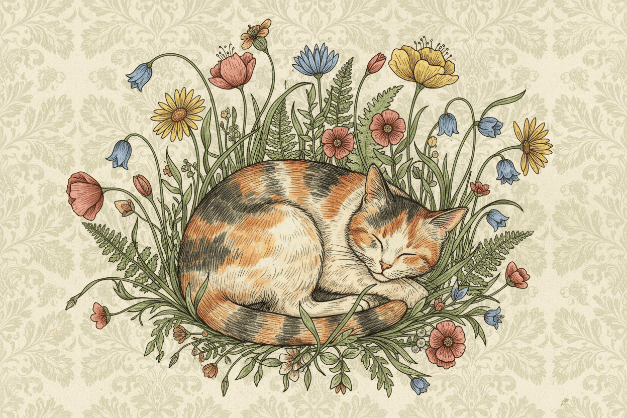 복잡한 꽃무늬와 야생화 사이에서 낮잠 자는 삼색 고양이의 식물학 일러스트 스타일.