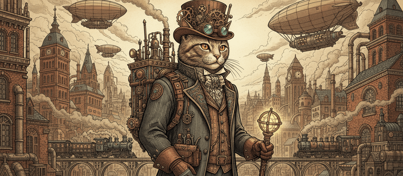 빅토리아 시대 스팀펑크 의상을 입고 복잡한 장비와 톱니바퀴로 장식된 세련된 고양이 일러스트.