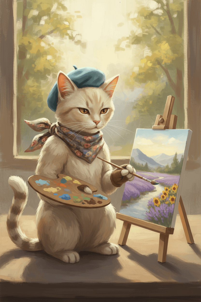 베레모를 쓰고 작은 이젤에 풍경화를 그리는 예술적인 고양이 일러스트.