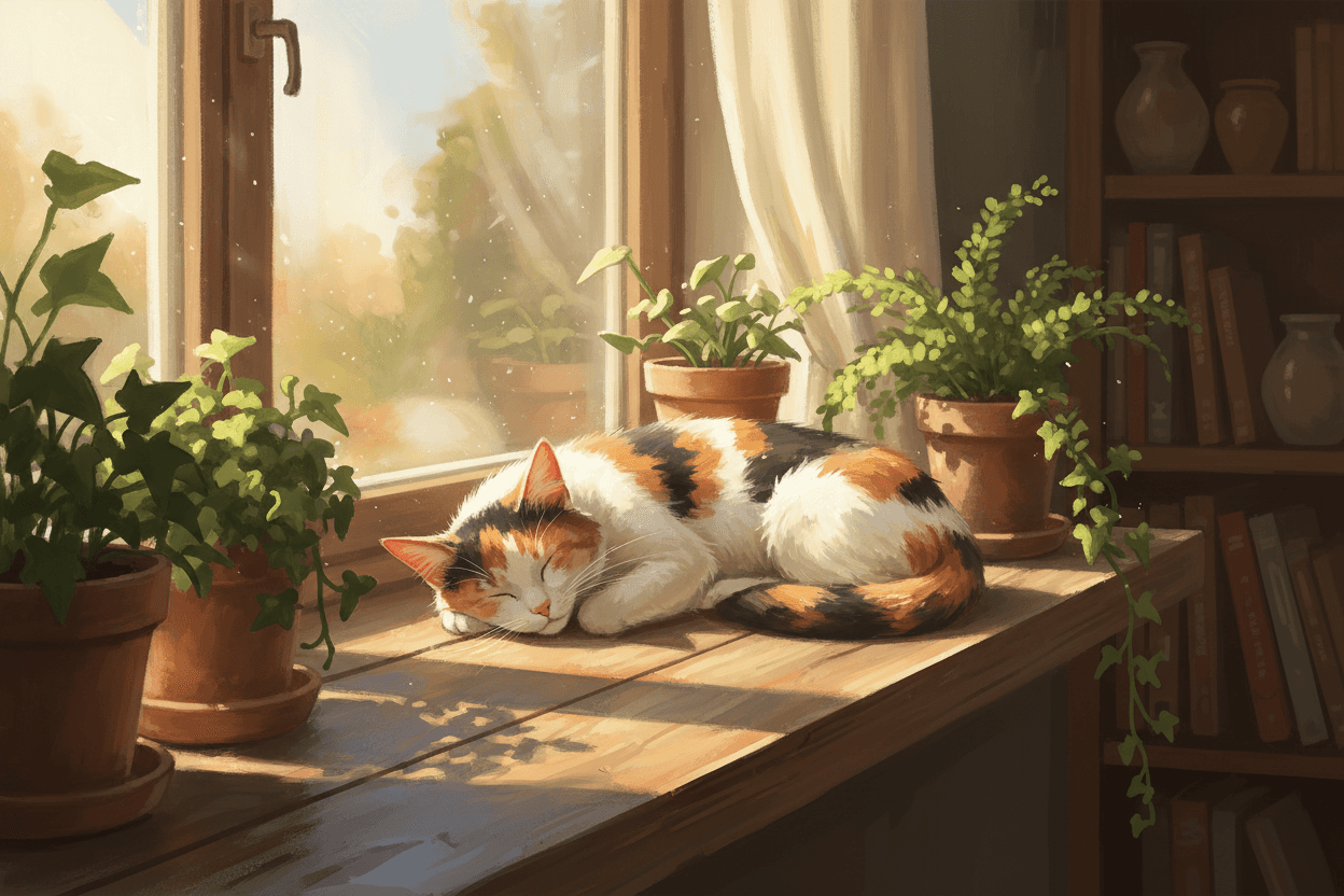 햇볕이 잘 드는 창턱에서 평화롭게 낮잠을 자는 얼룩 고양이의 디지털 페인팅 일러스트입니다.