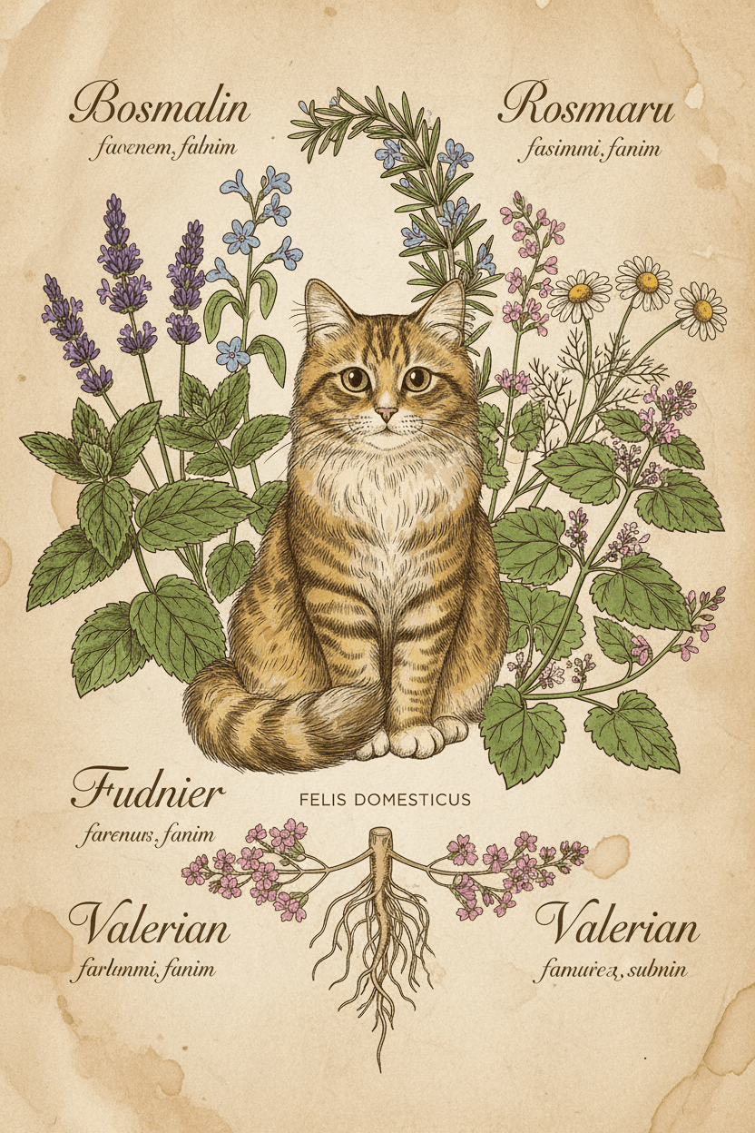 다양한 꽃 피는 식물에 둘러싸인 고양이의 세밀하고 빈티지한 식물학적 일러스트입니다.
