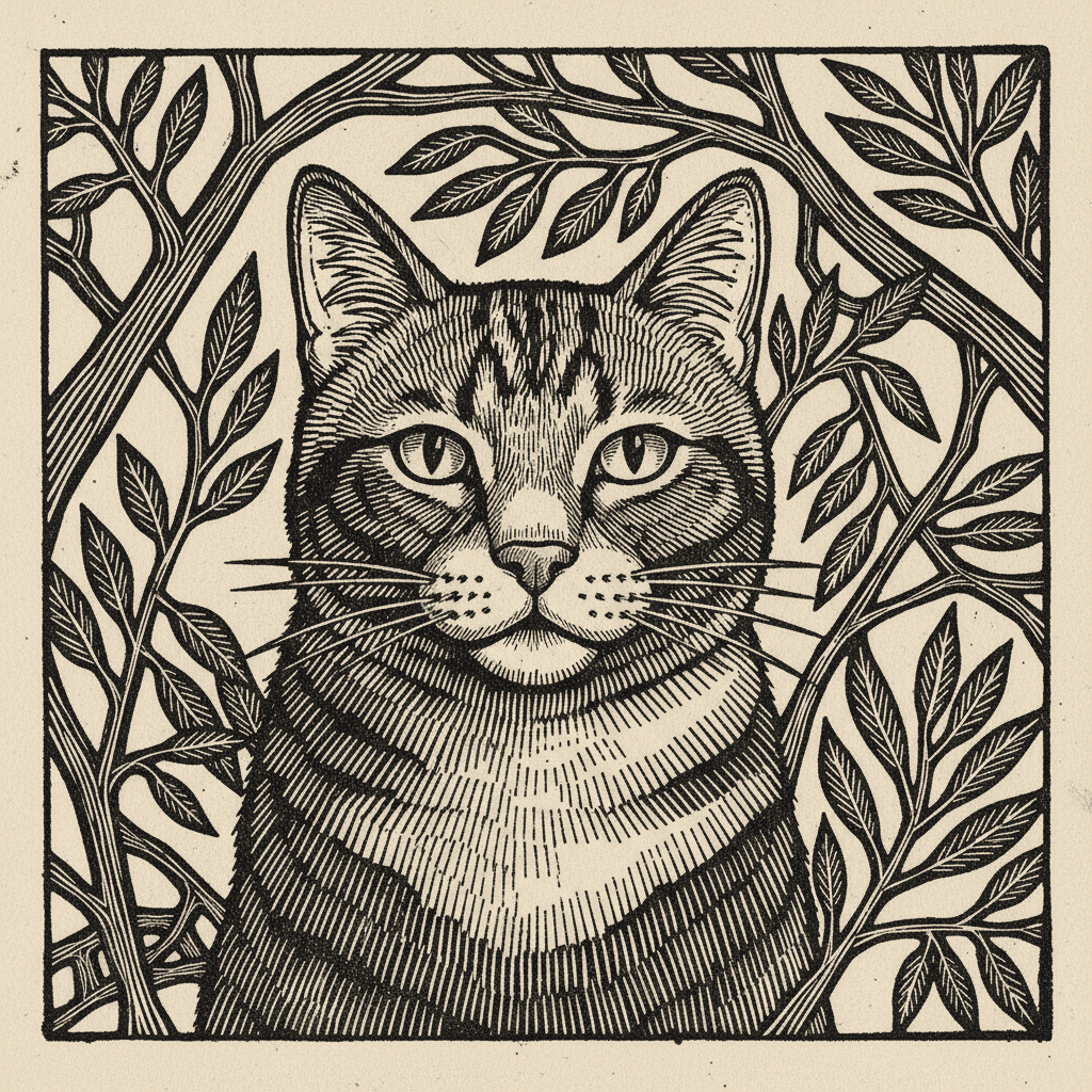 관찰자를 응시하는 금욕적인 고양이의 질감 있는 리노컷 판화 일러스트.