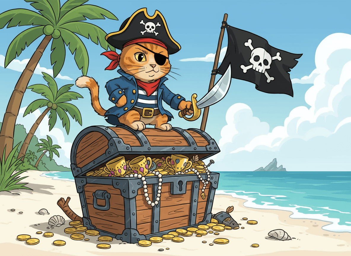 외눈 안대를 하고 작은 칼을 든 해적 고양이가 보물 상자 위에 앉아있는 모험적인 일러스트.