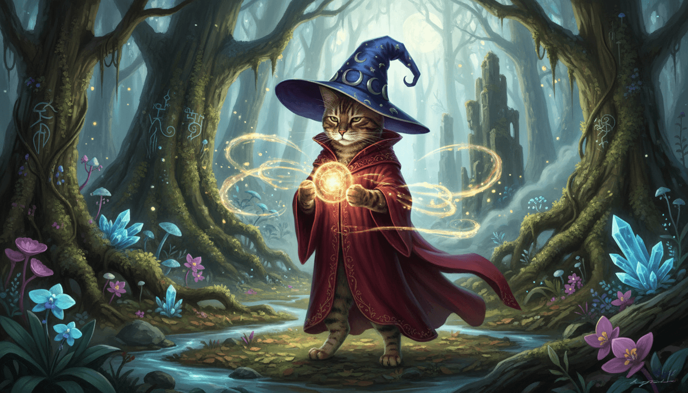 뾰족한 모자를 쓰고 빛나는 구슬을 든 마법사 고양이가 마법의 숲에서 주문을 외우는 판타지 일러스트.