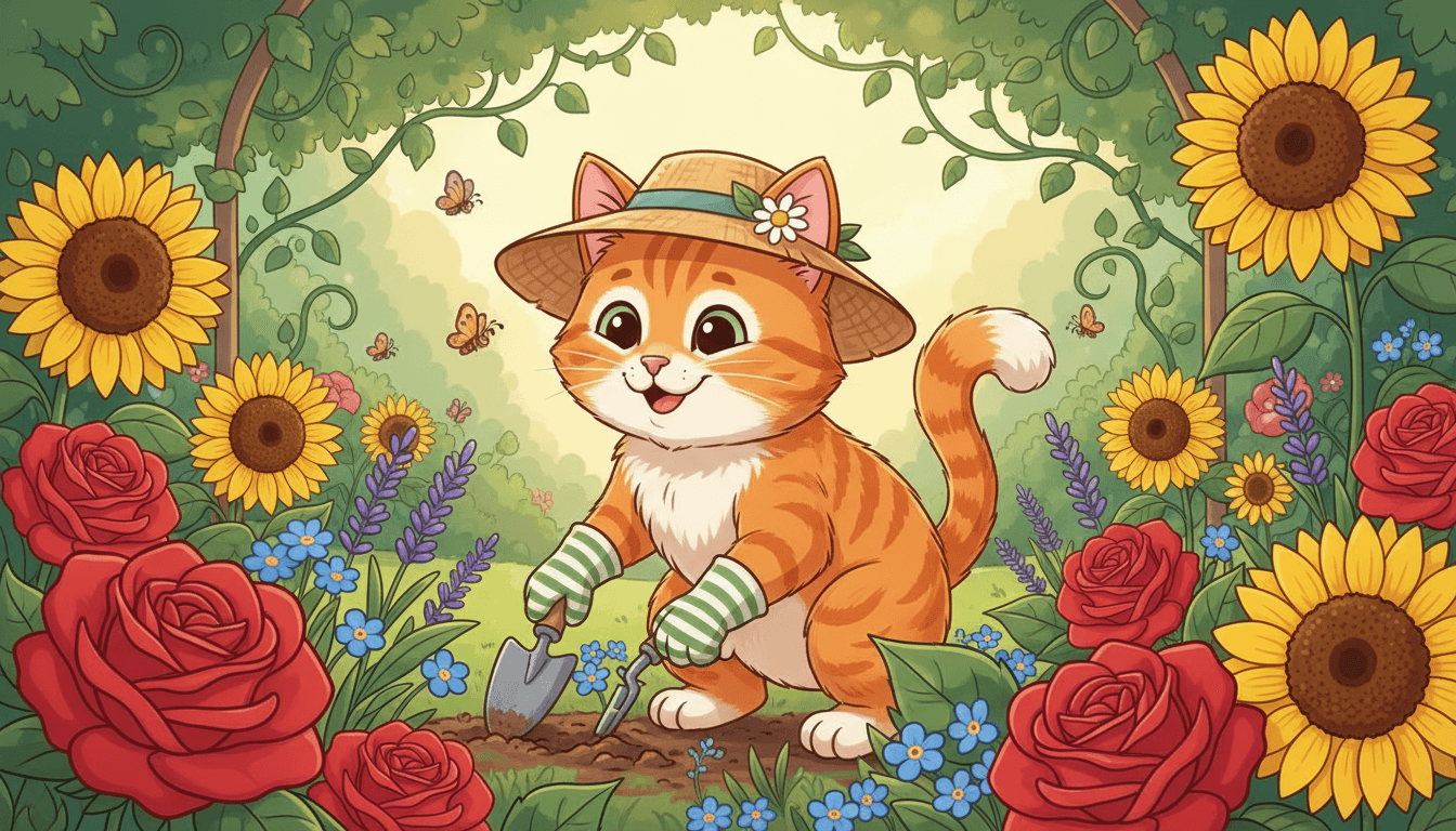 작은 원예 장갑과 밀짚모자를 쓰고 화사한 꽃밭을 가꾸는 유쾌한 고양이 일러스트.
