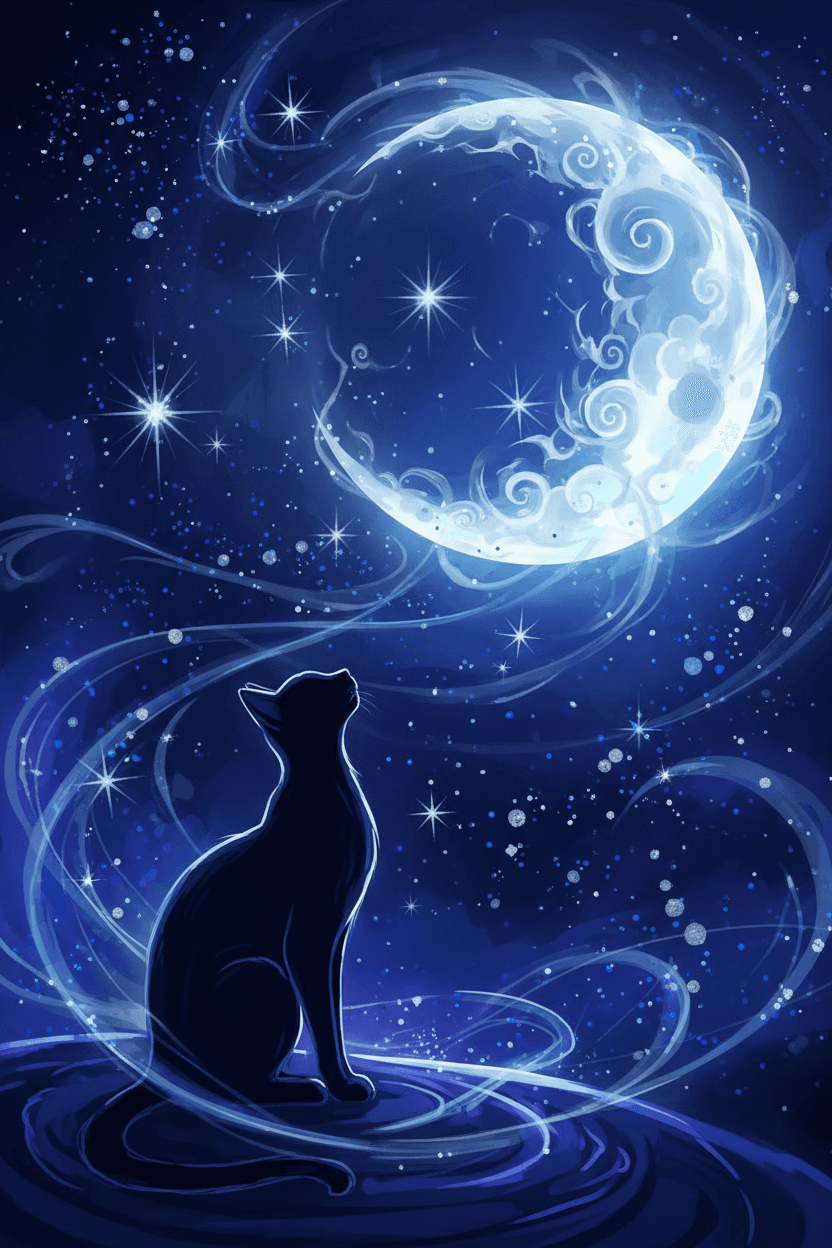 환상적인 달을 바라보는 고양이의 실루엣 일러스트, 별이 빛나는 밤하늘 배경.