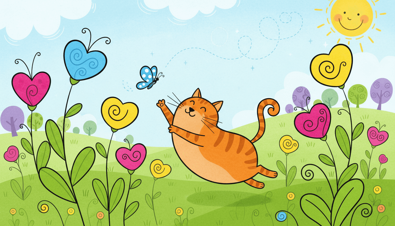 커다란 꽃밭에서 나비를 쫓는 장난기 많은 고양이의 아동 도서 일러스트.