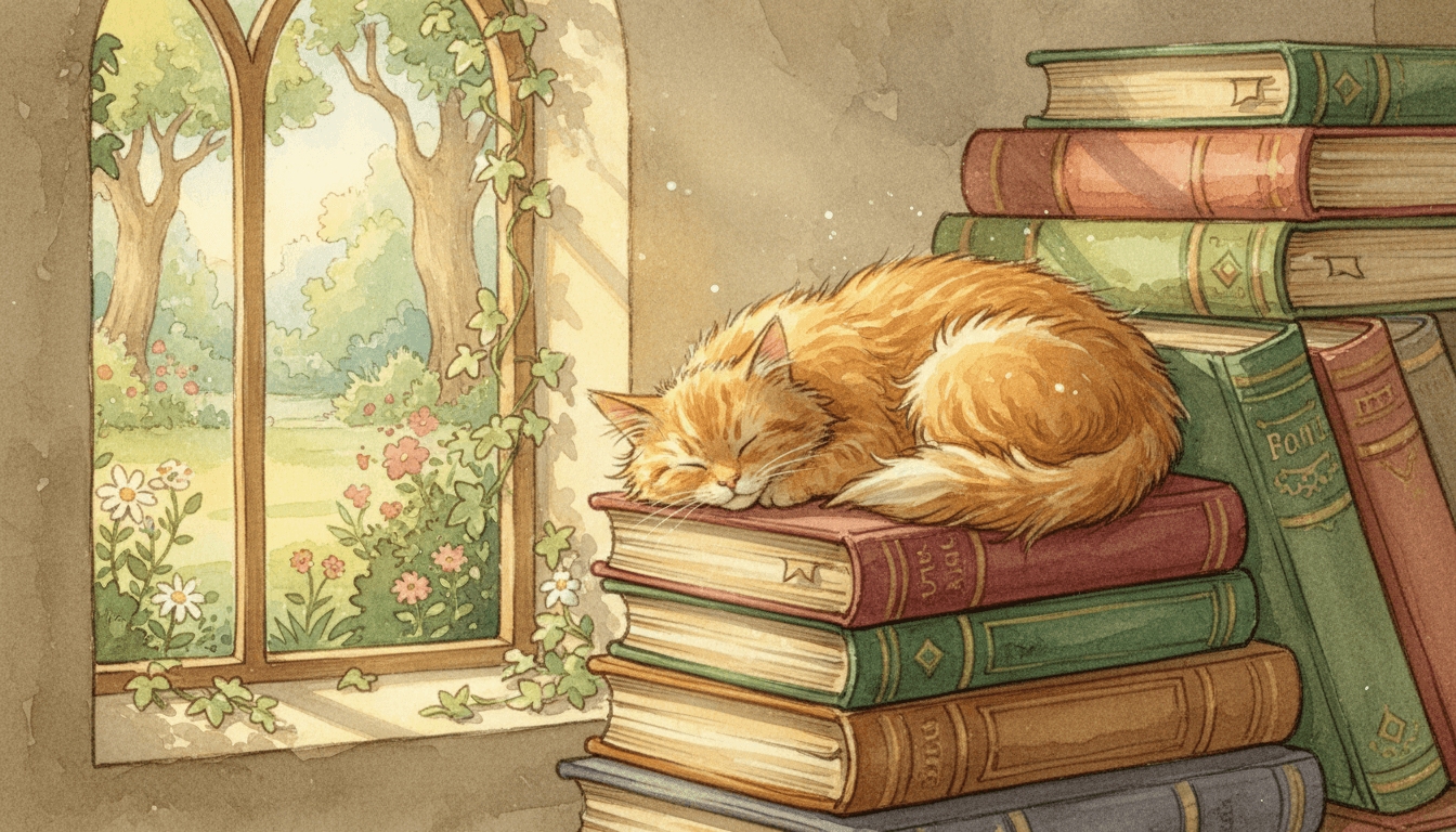 폭신한 생강색 고양이가 책 더미 위에서 평화롭게 자고 있는 수채화 일러스트.
