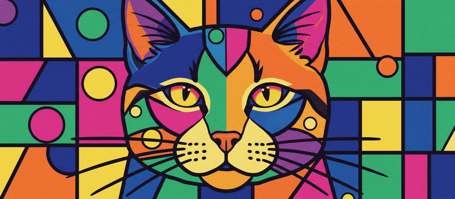 기하학적 도형과 대담한 색상을 사용하여 표현한 고양이 얼굴의 추상적인 일러스트입니다.