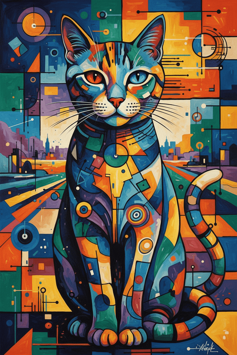 과감한 기하학적 형태와 생생한 색상으로 큐비즘 또는 추상 미술 스타일로 렌더링된 고양이 일러스트.