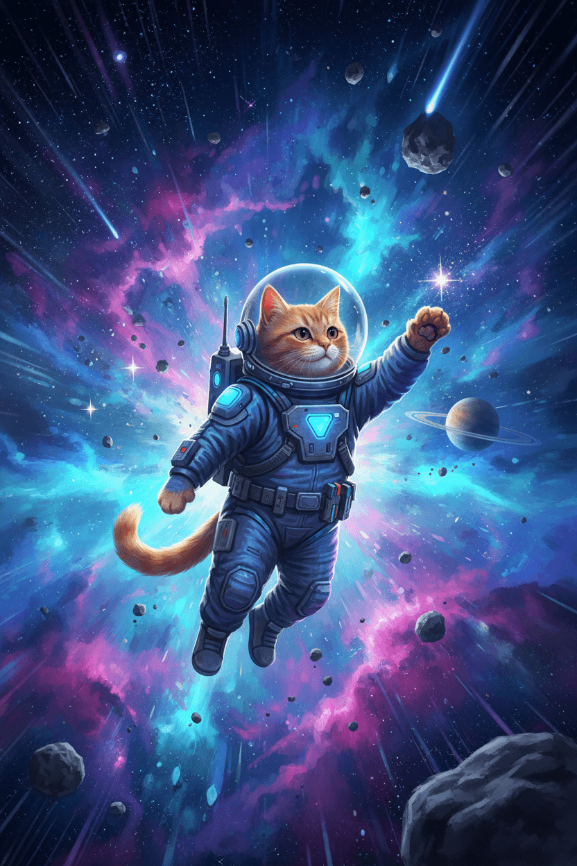 작은 우주복을 입은 고양이가 별과 성운 사이를 떠다니는 우주 탐험가 고양이 일러스트.