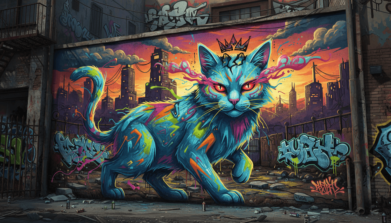 그래피티 요소가 있는 스타일리쉬한 고양이의 대담한 길거리 예술 벽화 일러스트.