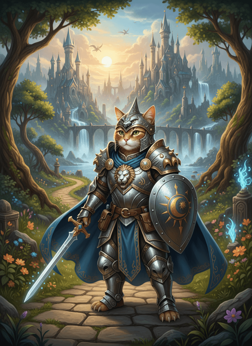 작은 칼과 방패를 든 정교한 판타지 갑옷을 입은 용감한 고양이 일러스트, 고품격 판타지 아트.