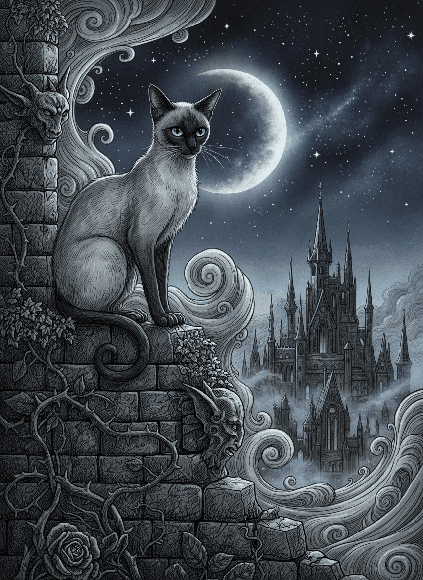 달빛 비치는 성벽 위에 앉아 있는 신비로운 샴고양이의 고딕 스타일 일러스트, 소용돌이치는 안개와 반짝이는 별들에 둘러싸여 있다.