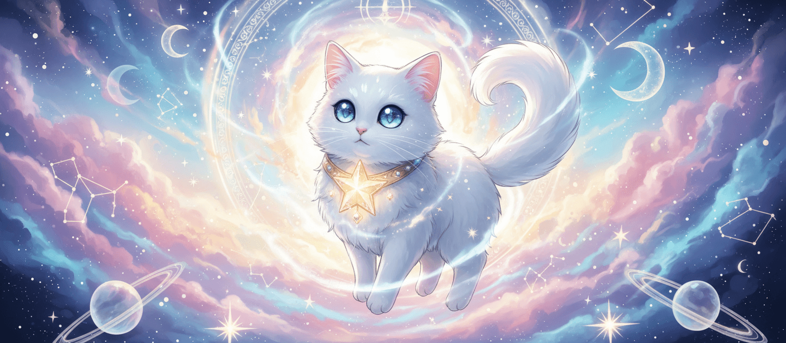 별 모양 목걸이를 한 하얀 고양이의 마법소녀 애니메이션 스타일 일러스트입니다. 주위에 별이 빛납니다.