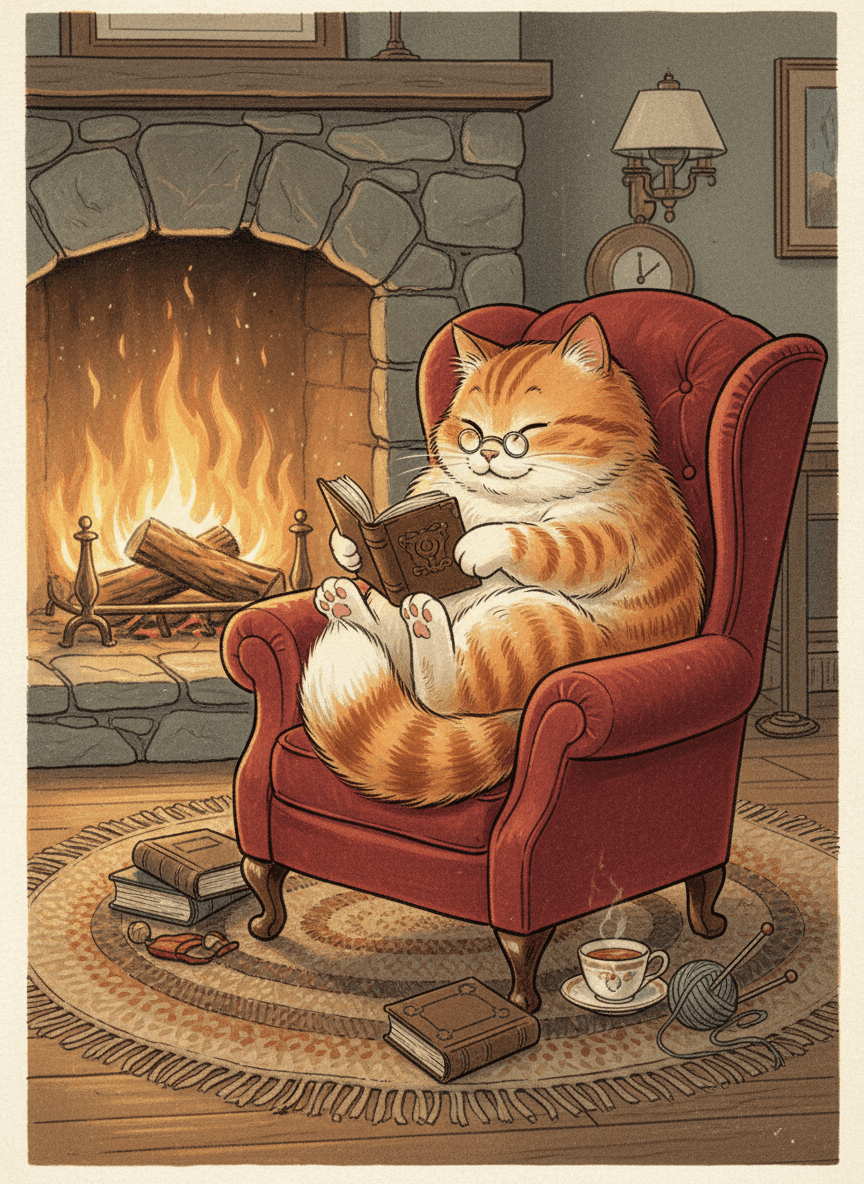 편안한 안락의자에 웅크리고 앉아 작은 안경을 쓰고 미니어처 책을 읽는 복슬복슬한 고양이의 아늑한 일러스트.