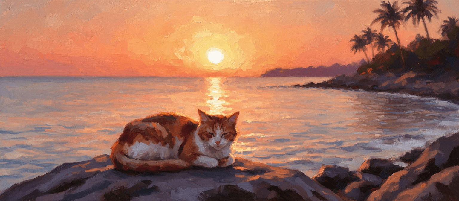 바닷가 노을의 따뜻한 빛을 쬐고 있는 고양이의 인상주의 일러스트.