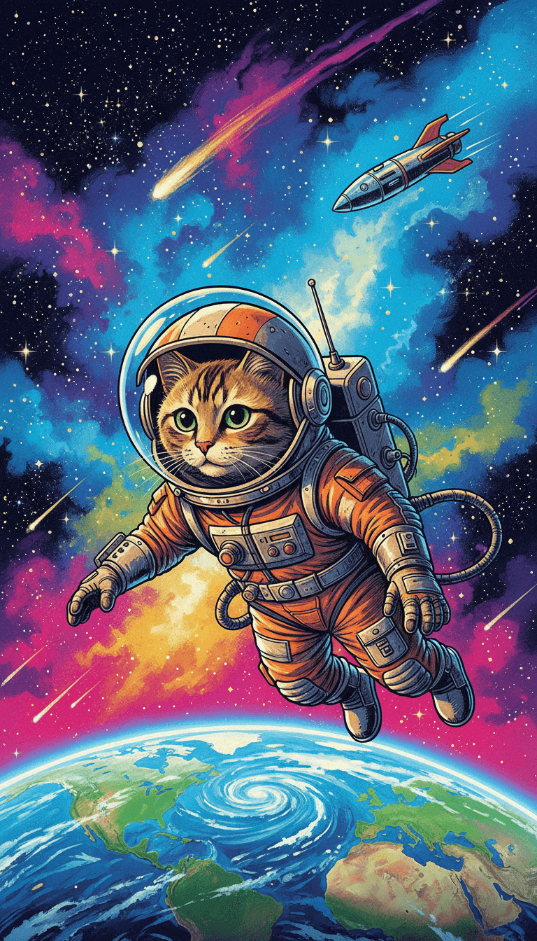 지구를 바라보며 우주에 떠 있는 우주 비행사 고양이의 레트로 SF 일러스트레이션입니다.