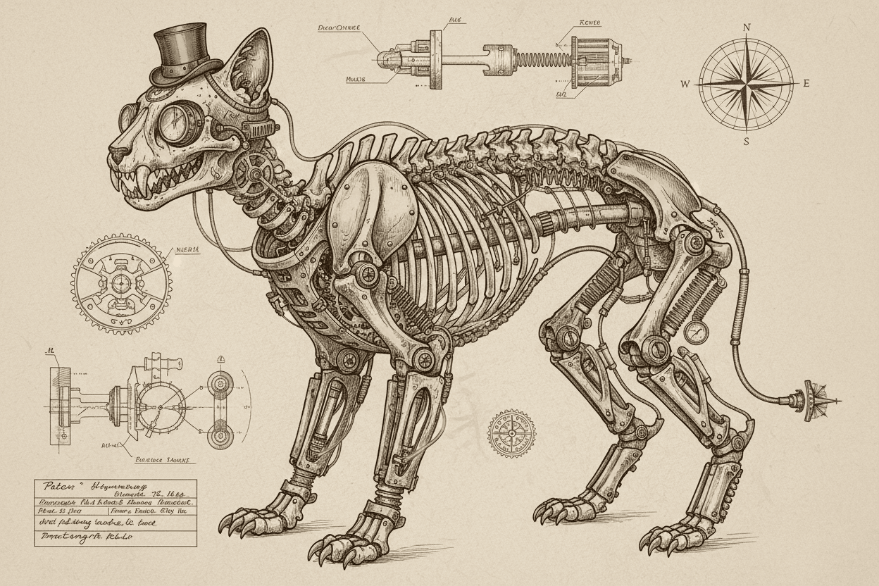 기계 부품을 가진 고양이의 골격에 대한 섬세한 기술 드로잉 일러스트, 스팀펑크 미학.