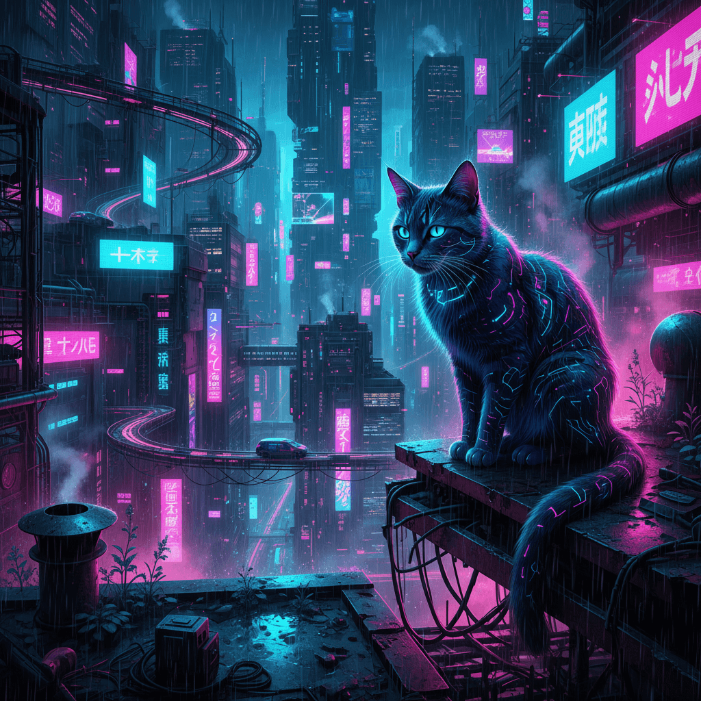 비 내리는 미래 도시를 내려다보는 네온 불빛이 비치는 옥상에 앉아있는 사이버펑크 고양이 일러스트입니다.