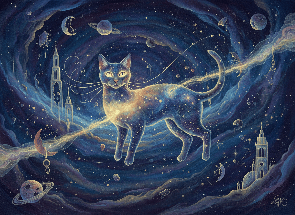 털이 은하계와 별들로 이루어진 고양이가 우주 공간에 떠 있는 초현실주의 일러스트.