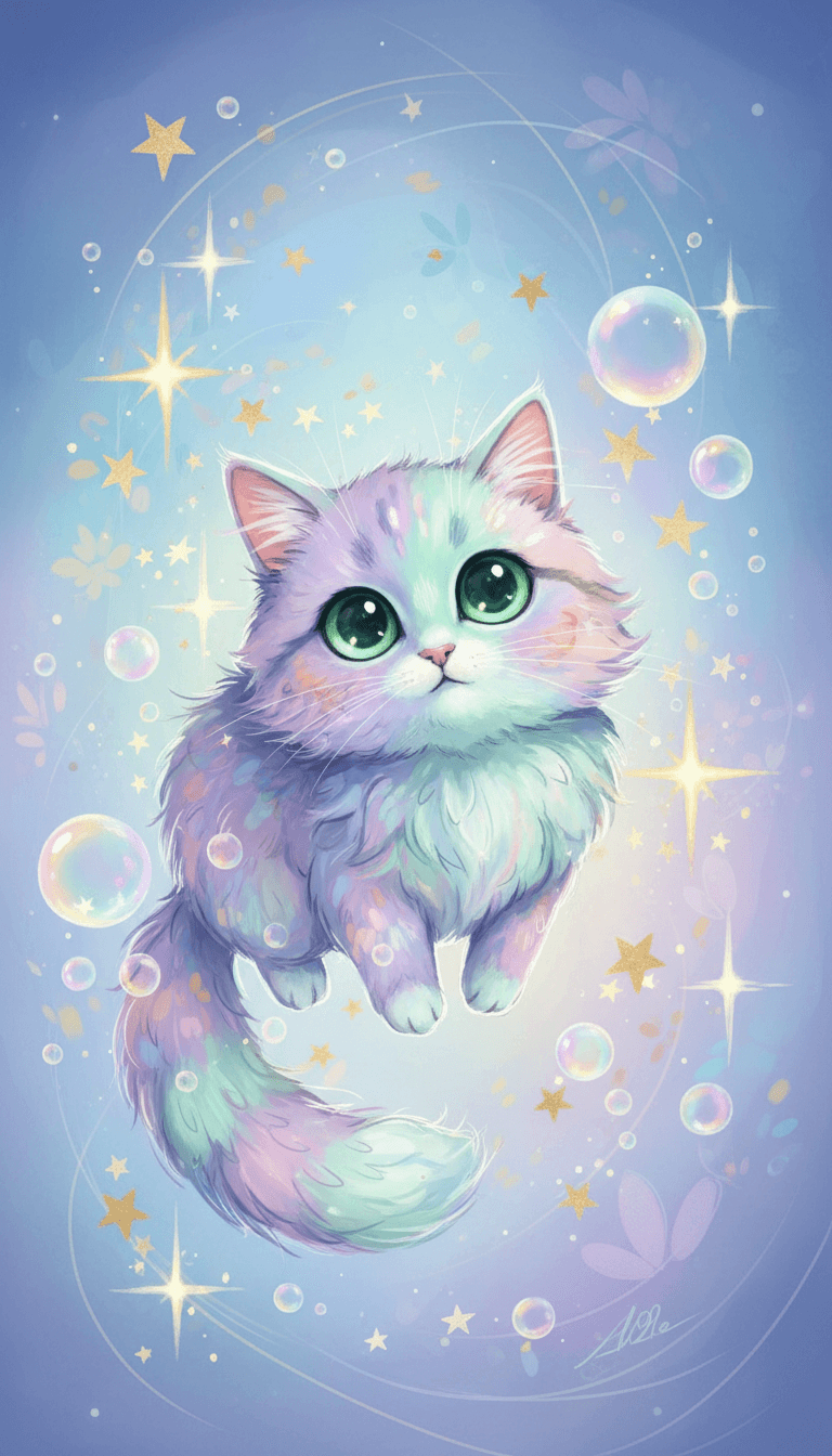 크고 표현력이 풍부한 눈과 떠다니는 별들이 있는 상상력 넘치는 고양이 일러스트레이션, 동화책 삽화 스타일.