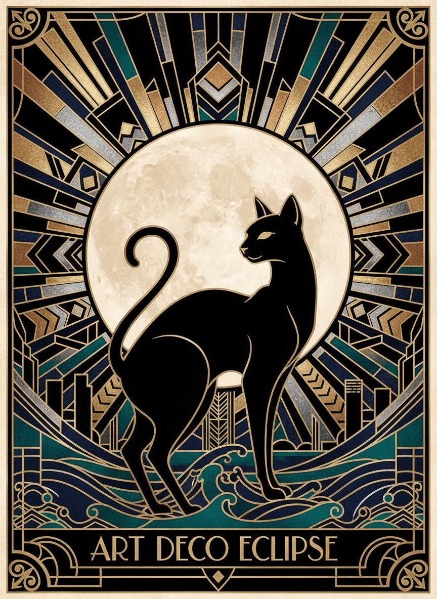 보름달을 배경으로 실루엣 처리된 매끄러운 검은 고양이의 세련된 아르데코 일러스트.