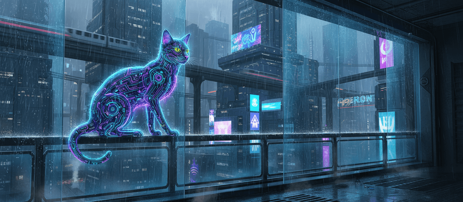 네온 회로가 빛나는 로봇 고양이가 비 오는 미래 도시의 발코니에 앉아 있는 사이버펑크 일러스트.