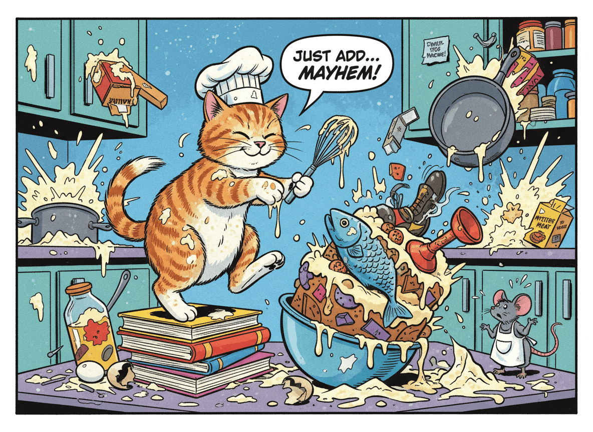 작은 요리사 모자를 쓰고 지저분한 부엌에서 케이크를 구하려고 하는 개구쟁이 태비 고양이의 유머러스한 일러스트.