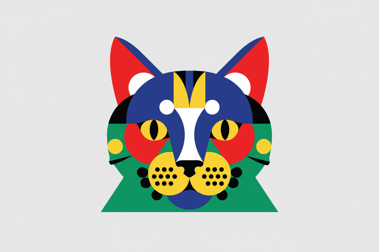 삼각형과 원으로 구성된 고양이 얼굴의 추상적인 기하학적 일러스트.