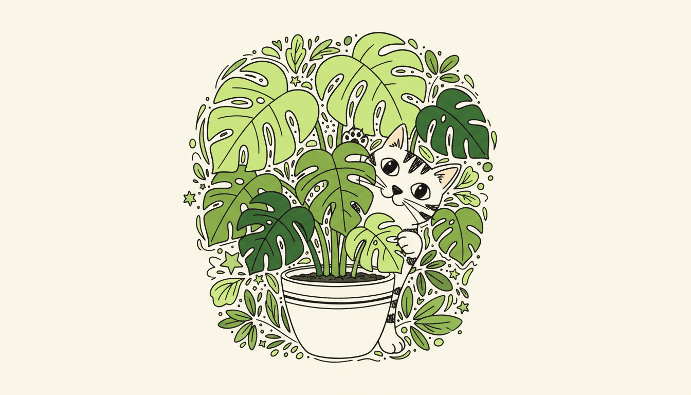 몬스테라 화분 뒤에서 호기심 어린 고양이가 엿보는 낙서 스타일 일러스트.