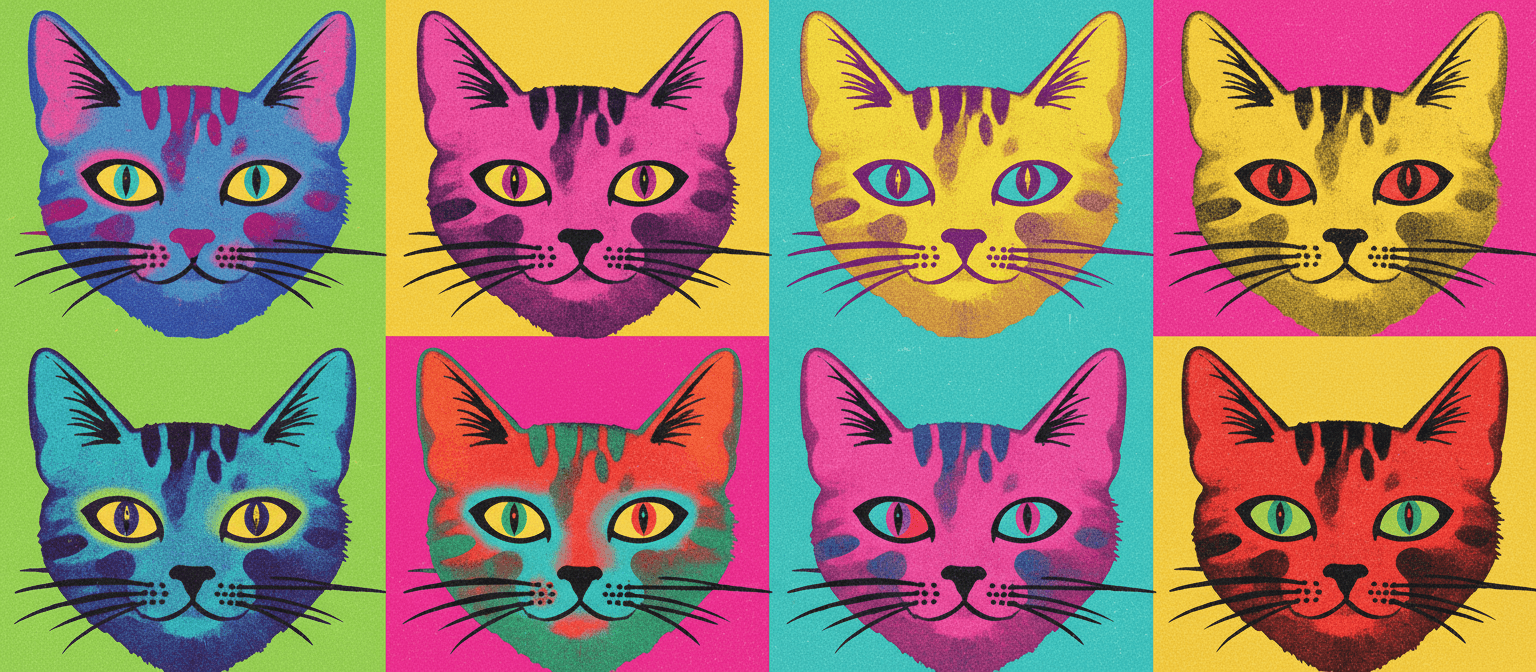 여러 고양이 얼굴이 다른 밝은 색상 팔레트로 격자 패턴을 이루는 팝아트 일러스트.