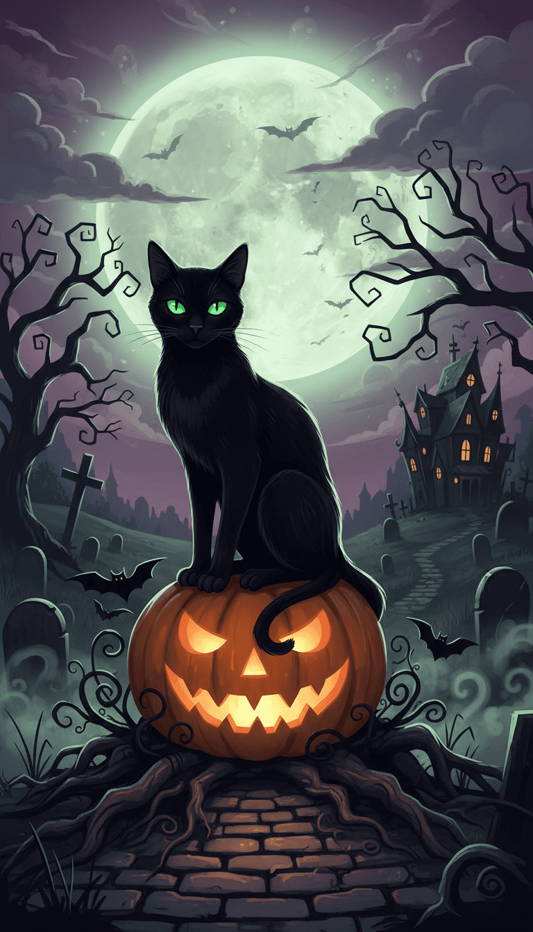 으스스한 보름달 아래 호박 위에 앉아 빛나는 녹색 눈을 가진 검은 고양이의 할로윈 일러스트.