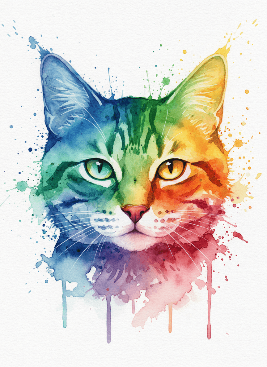 활기찬 색상이 부드럽게 번지는 태비 고양이 얼굴의 수채화 스플래시 일러스트입니다.