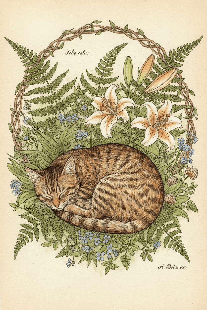 푸른 고사리와 만개한 백합 사이에 잠들어 있는 태비 고양이의 섬세한 식물 일러스트.
