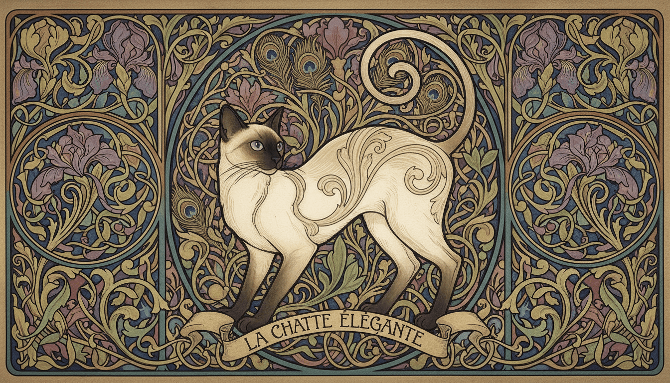 우아한 장식 패턴과 자연 요소 사이에서 포즈를 취하는 샴고양이의 아르누보 스타일 일러스트.