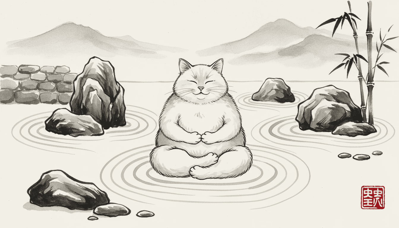 미니멀한 일본식 선 정원에서 명상하는 평화로운 고양이 일러스트, 수묵화풍.