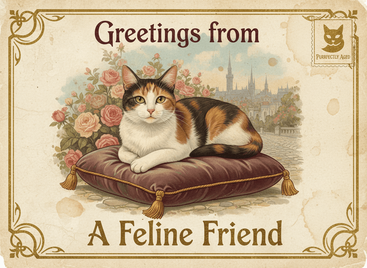 빈티지 엽서 스타일로 렌더링된 고양이 일러스트, 차분한 색감과 오래된 질감.