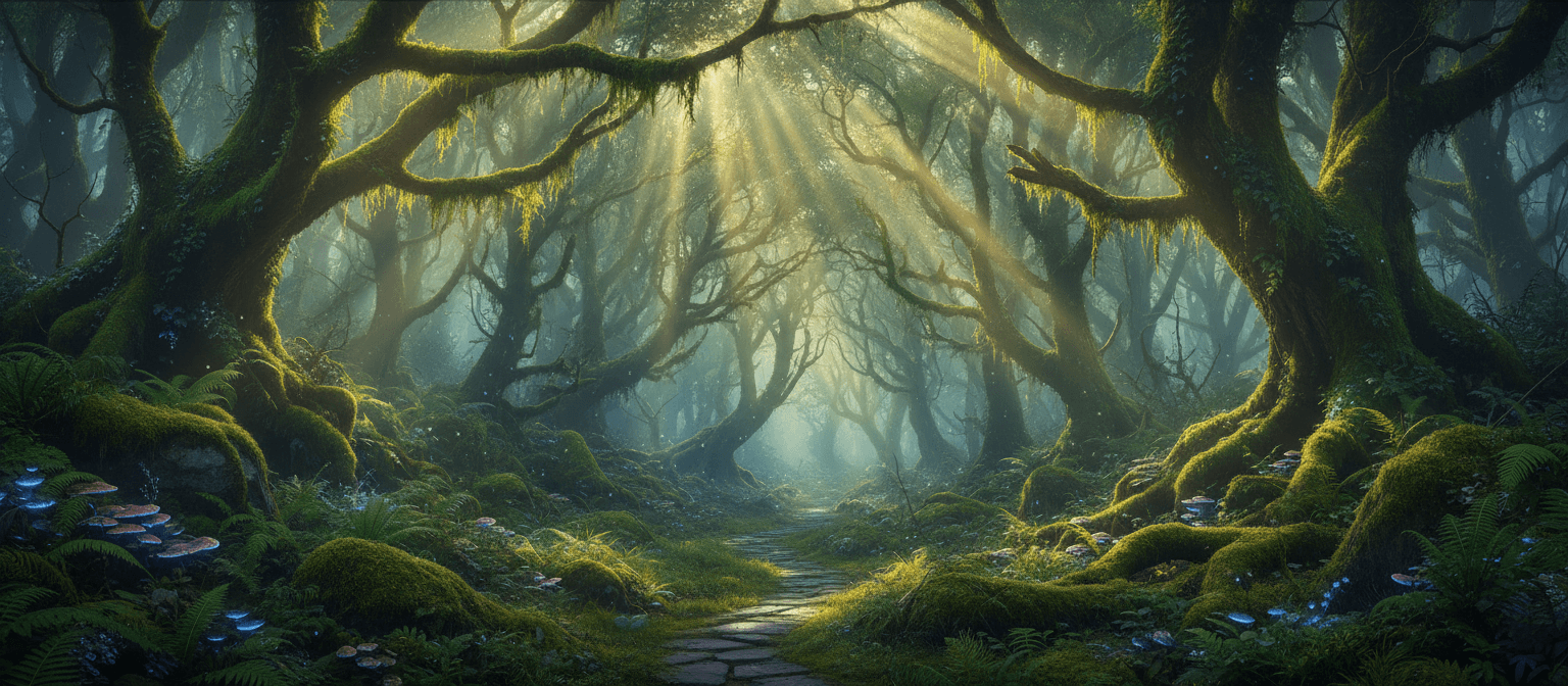 신비로운 아침 안개에 싸인 울창한 고대 숲의 마법 같은 고화질 배경화면, 캐노피를 뚫고 들어오는 햇살이 특징.