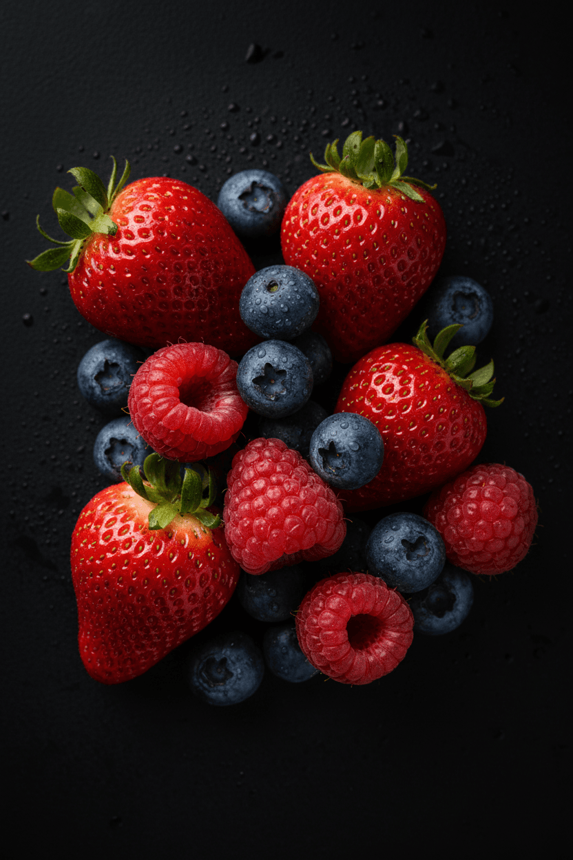 신선하고 잘 익은 다채로운 베리류(딸기, 블루베리, 라즈베리)가 섬세하게 배열된 초고화질 배경화면, 이슬방울과 검은 배경이 특징.